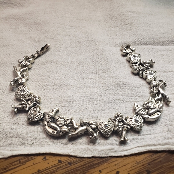 Vintage Silver Plated Slide Angel Charm Bracelet 1980's - Picture 1 of 6